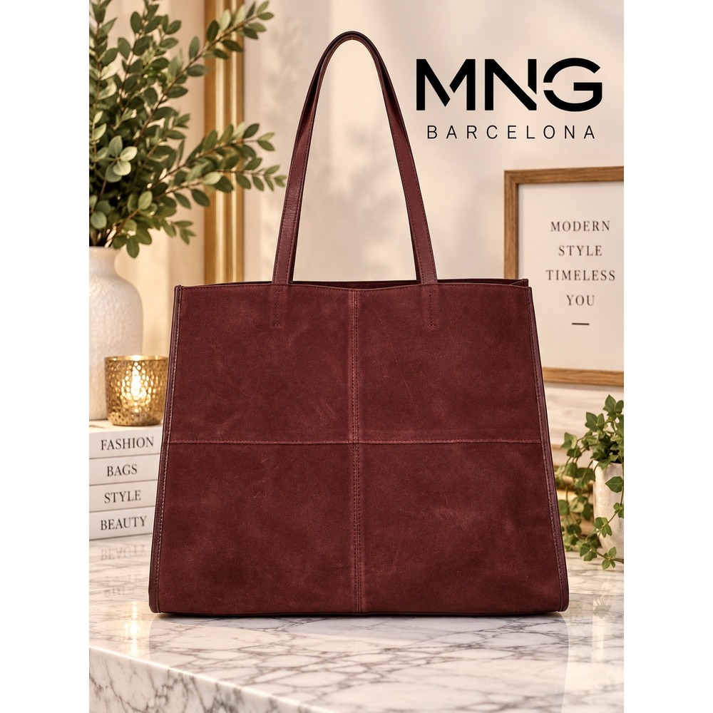 Mango MNG Barcelona Burgundy Suede Leather Tote Bag Shoulder Bag Wine Red